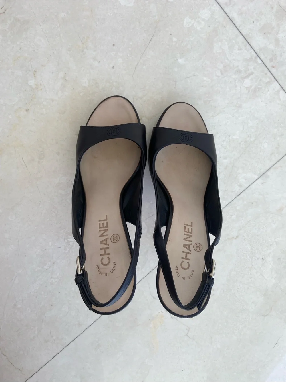 CHANEL Black Leather Open-Toe Slingback Heels 39.5 in Box with Dust bag
